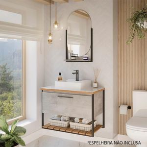 Armário De Banheiro 100% Mdf 60Cm Metalon Com Cuba Caribe Mgm Móveis Cimento Cimento