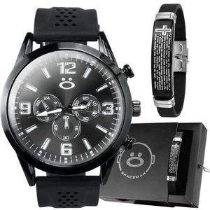 Relogio Masculino Aço Inox Preto + Caixa + Pai Nosso Pulseira Ajustavel Social Presente Silicone
