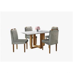 Conjunto Sala Jantar 4 Cadeiras Veludo Mix Mel/OffWhite/Cinza