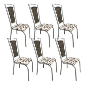 Kit 6 Cadeiras Cozinha Aço Tubolar Confortável Jantar Bege e Branco Tecido Floral