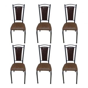 Kit 6 Cadeira De Cozinha Tubular Aço Estofada Encosto Junco Marrom Escuro