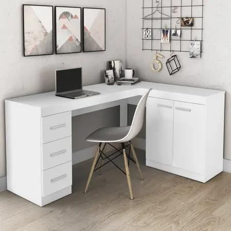 Mesa-Para-Escritorio-de-Canto-3-Gavetas-2-Portas-Movel-Bento-Branco-156x76x465cm