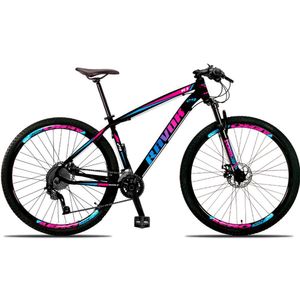 Bicicleta Aro 29 Alumínio 21 Velocidades Shimano Suspensão Freio A Disco Cor: Azul E Rosa Tam: 21"