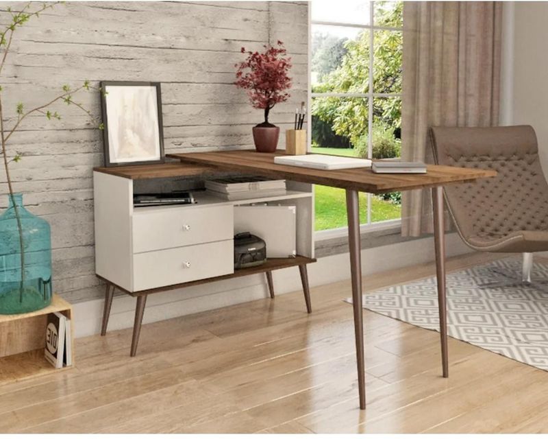 Mesa Para Escritório em L Retro com 2 Móvel Bento Gavetas Branco e Rústico 136x78x95cm