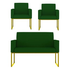 Kit 2 Poltronas + Sofá 2 Lugares com Base Ferro Dourado