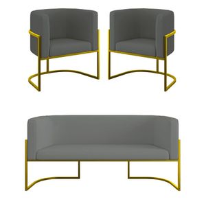 Kit 2 Poltronas + Sofá 2 Lugares Base de Metal Gold Veludo