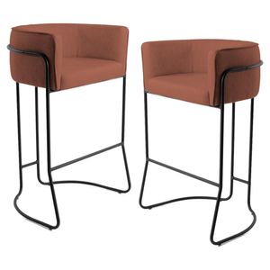 Kit 2 Banquetas Decorativas Base Aço Preto Betina Linho B-355 Laranja - Domi