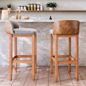 Kit 2 Banqueta Alta Com Encosto Detalhe Em Couro Super Confortavel Pé Madeira Maciça Alto Padrão