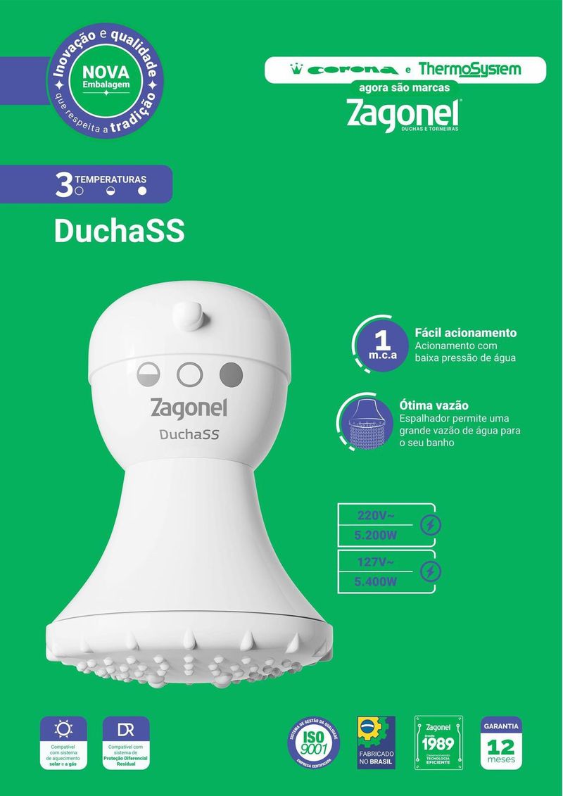 Chuveiro Elétrico Zagonel SS 3 Temperaturas Branco 5200W 220V