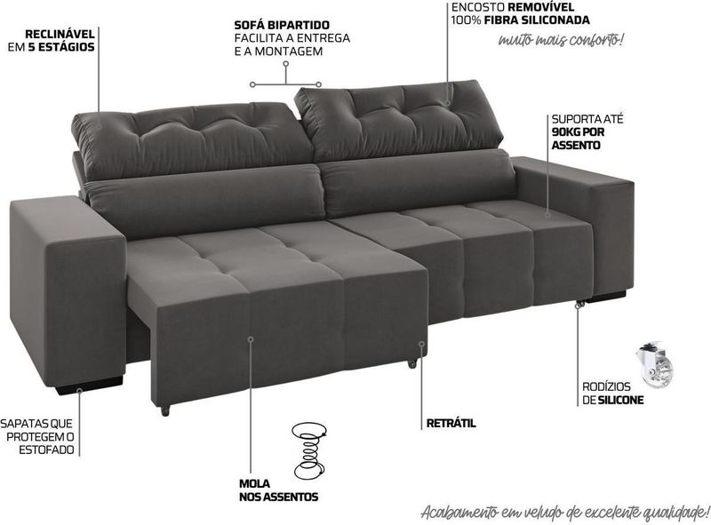 Sofa-4-Lugares-Retratil-e-Reclinavel-Fancy-Viero-Veludo-Cinza-Grafite230Cm