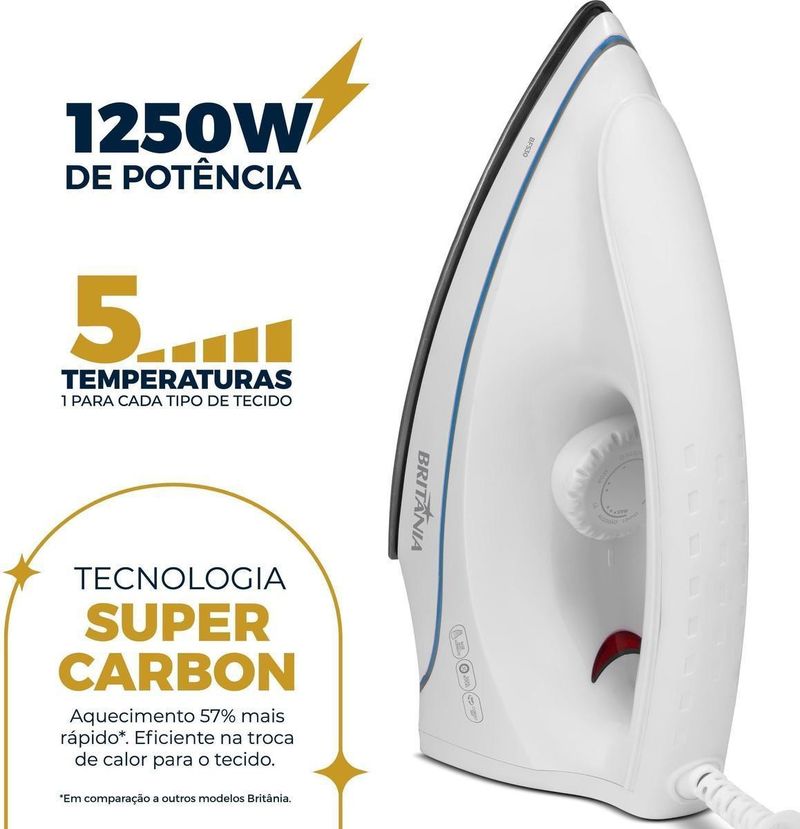 Ferro-de-Passar-Roupa-a-Seco-Britania-BFS30-5-Temperaturas-1250W-Branco110V
