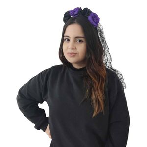 Tiara Halloween Com Flores Roxas Lilás E Véu