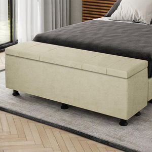 Baú Sapateira Estofada Casal King Size 195 Cm Venus Veludo Skybox Bege