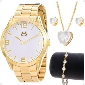 Relogio Feminino Aço Inox Banhado + Brincos + Colar Strass