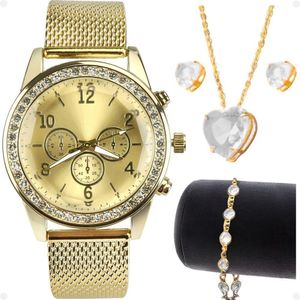 Relogio Feminino Strass Dourado + Brincos + Pulseira + Colar