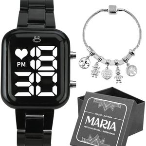 Relogio Digital Feminino Preto + Pulseira Pandora + Caixa