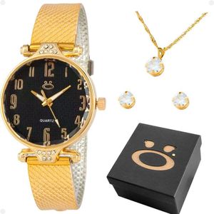 Relogio Dourado Feminino Banhado + Caixa + Colar Brincos Presente Qualidade Premium Mostrador Preto
