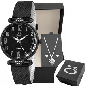 Relogio Preto Feminino Aço + Colar Coração Brincos + Caixa Inoxidável Original Silicone Ajustavel