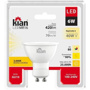 Lâmpada LED Direcional Gu10 6W 3000K Branca Morna Kian Bivolt
