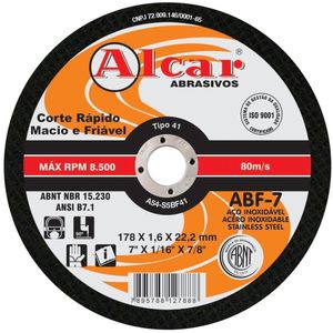 Disco Abrasivo de Corte Para Aço Inox Alcar 178x1.6x22.2mm ABF-7