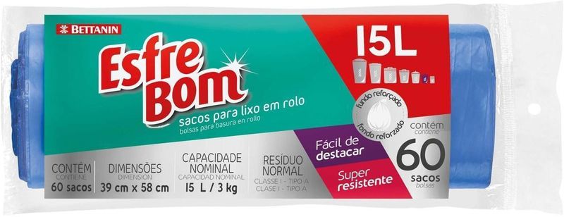 Saco-Para-Lixo-Esfrebom-Bettanin-em-Rolo-Fundo-Reforcado-Super-Resistente-15L-Pacote-com-60-Sacos