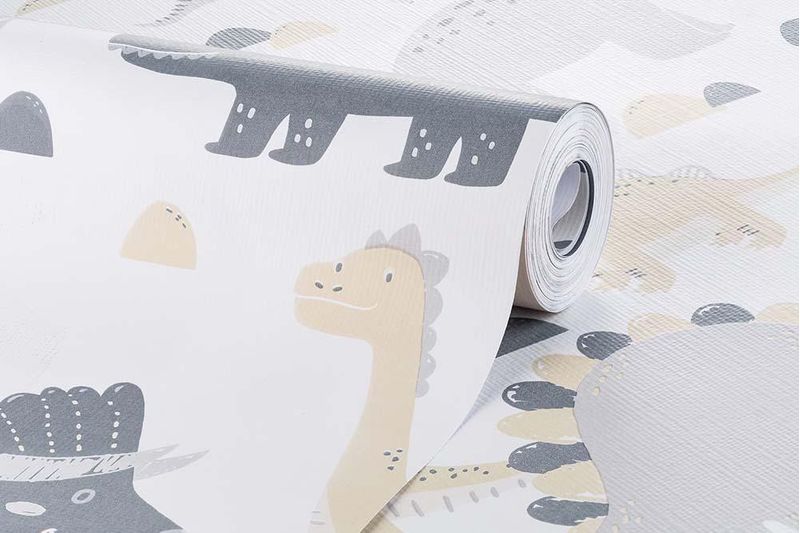 Papel-de-Parede-Bobinex-7480-Dinossauro-Cinza-e-Bege