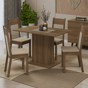 Conjunto Sala de Jantar Mesa Tampo de Madeira 4 Cadeiras Rustic/Crema/Bege Sheila Madesa