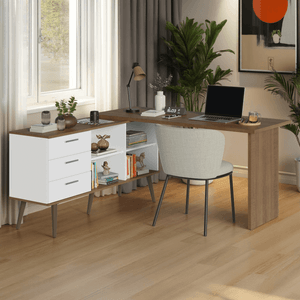 Mesa de Estudos em L 3 Gavetas Branco/Rustic Lisboa Madesa