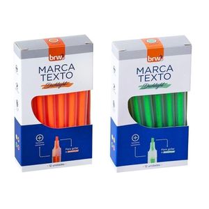 2 Caixas Marca Texto Fluorescente Transparente 12 Unidades Brw Laranja E Verde