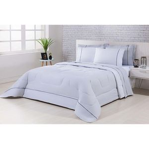 Kit Edredom 100% Algodão Percal 150 Fios Dupla Queen + Jogo De Cama Gran Moratta 7 Peças Cinza-branco