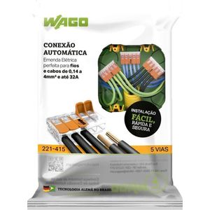 Conector Elétrico Emenda Wago 5 Polos Pacote com com 4 Unidades