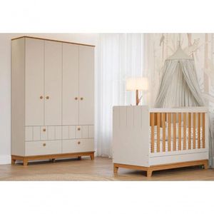 Quarto Para Bebê Guarda Roupa E Berço 100% MDF Biscoito Permobili Off White/Nature