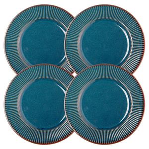 Jogo 4 Prato De Sobremesa Ceramica Azul Linear Rústico 20cm Lyor