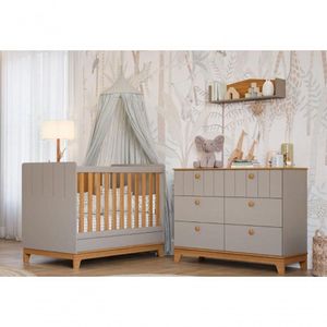 Quarto Para Bebê Cômoda E Berço 100% Mdf Biscoito Permobili Fendi/Nature