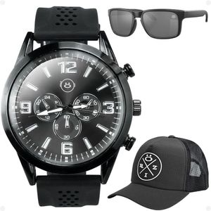 Relogio Masculino Aço Inox + Oculos Sol Proteção Uv + Boné Presente Analogico Silicone Social Casual