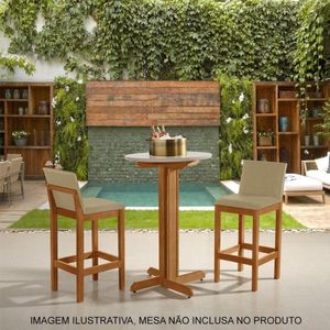 Kit 2 Banquetas Alta Pérola Com Encosto Estofada Em Veludo Bege Madeira Maciça Castanho