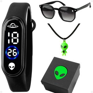 Relogio Led Et Ovni Infantil + Caixa + Oculos Sol + Colar Proteção Uv Verde Preto Led Presente