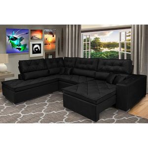 Sofa De Canto Retrátil E Reclinável Com Molas Cama Inbox Platinum Esquerdo 3,00x2,36 Suede Preto