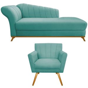 Kit Diva Recamier Vanessa 160cm Lado Direito E 01 Poltrona Laura Suede Cor Azul Tiffany