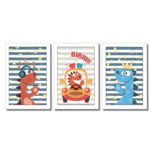 Kit Quadros Infantil Dinossauro Kids 20x30 3 Peças Titulos Moldura Branca