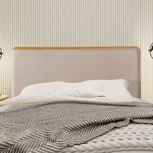 Cabeceira Cama Box Queen 1,60m Estofada Detalhe Em Madeira Java Linho Bege