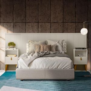 Conjunto Quarto Cabeceira Queen Casal Ripada Com 2 Mesas De Cabeceira Off White Shop Jm
