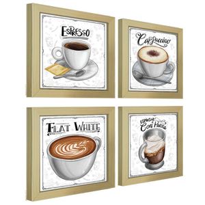 Quadro Decorativo Café Expresso Padaria Cozinha 12X12Cm 2 Título Moldura Marfim Listrado