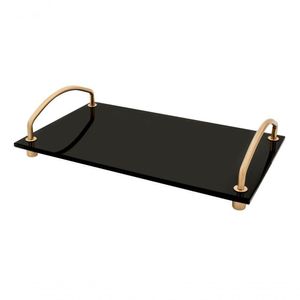 Bandeja Decorativa Bancada Vidro Preto Alças Dourada 25x15cm