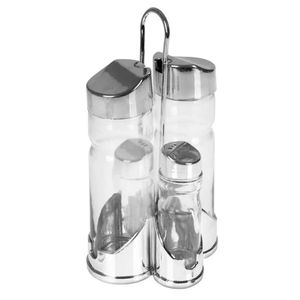Galheteiro Vidro De Mesa 5 Pecas Suporte Kit Azeite Vinagre Sal Tempero Cozinha Bar Restaurante Portatil Cromado
