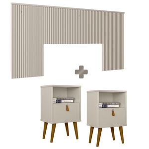 Kit Para Quarto Cabeceira Queen Casal Ripada Com 2 Mesas De Cabeceira Off White Shop Jm