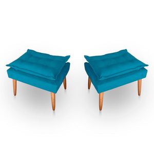 Kit 02 Puff Para Sala E Quarto Madeira Decorativo Opala Suede Azul Turqueza