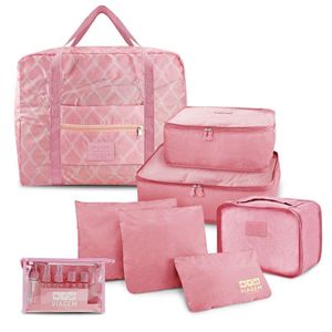 Kit Organizador De Malas 6 Peças + Bolsa Dobrável + Frascos De Viagem 10 Peças Rosa
