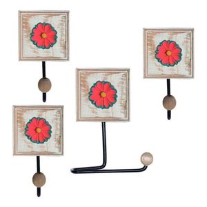 Kit Para Banheiro Com 3 Toalheiros E 1 Porta Papel Higiênico Rustico Flor Azul Cor Vermelho