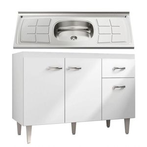 Balcão Gabinete Gabriela Com Pia Inox 120Cm 3 Portas Branco/Preto - Ajl Móveis